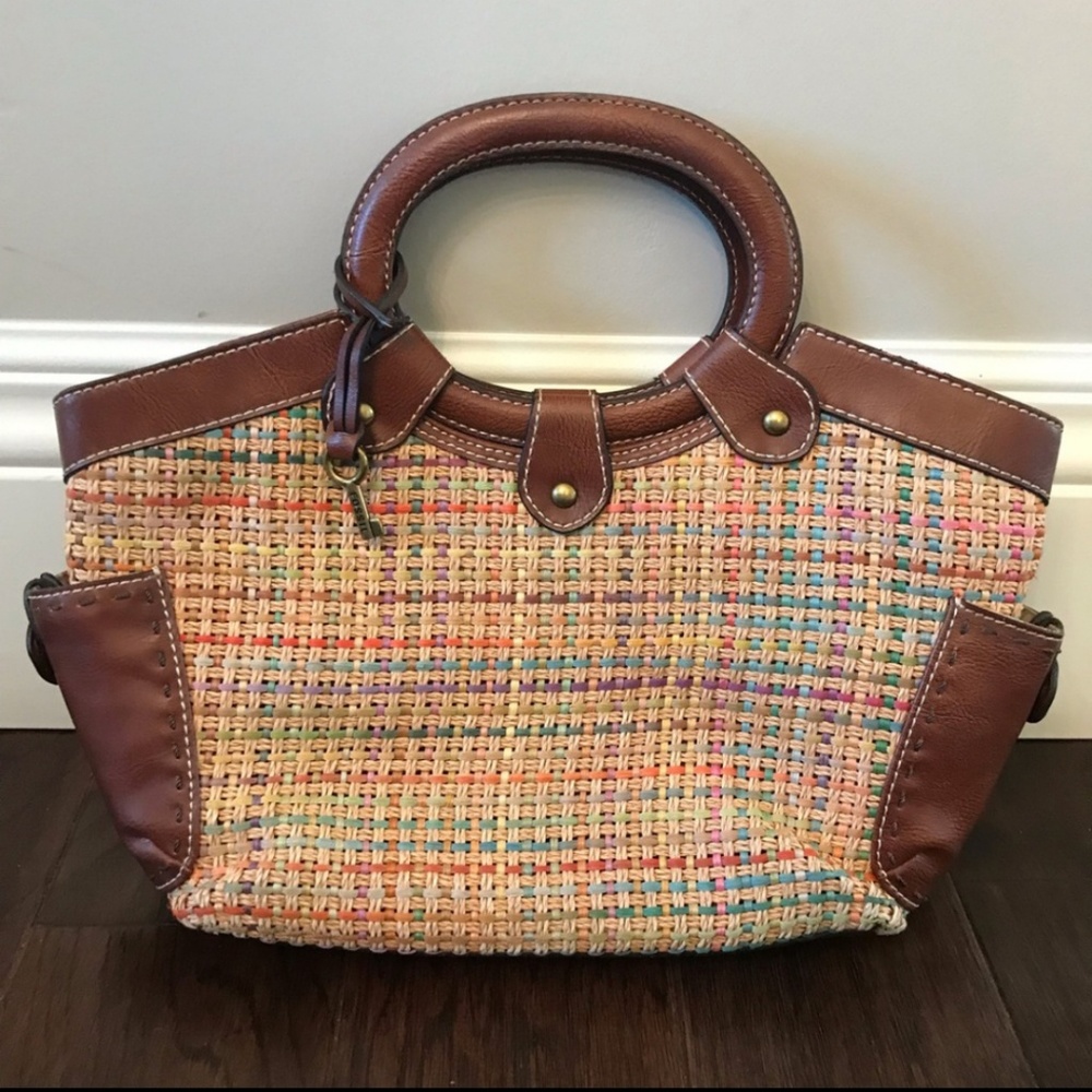 Vintage 1970s multicolored straw/leather handbag
